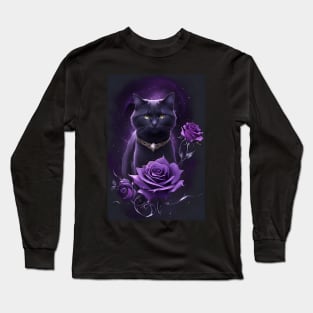 Mystical Purple Black Cat With Diamonds and Roses Long Sleeve T-Shirt